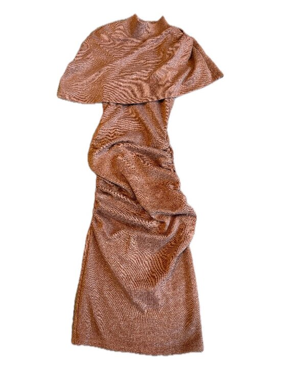 Black Halo Dresses & Skirts - Black Halo Metallic Copper Ruched Midi Dress Cape Sleeve Mock Medium Women's